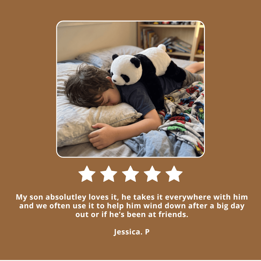 A brown testimonial-style graphic with a small inset photo of a child lying on a bed and holding a black-and-white panda plush. Below the photo, white text reads, 'My son absolutley loves it, he takes it everywhere with him and we often use it to help him wind down after a big day out or if he's been at friends.