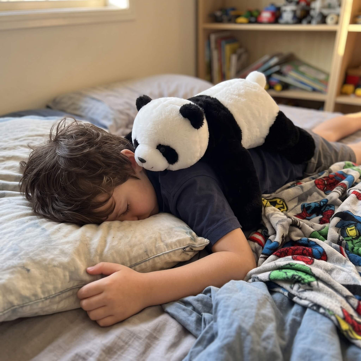 A child lying on a bed with a black and white panda plush toy resting on their back, with a colorful blanket nearby in a bedroom setting.