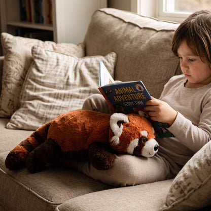 A child sits on a beige sofa reading a book while holding a large red panda plush toy. The scene is set in a cozy living room with neutral-toned cushions and a window in the background.
