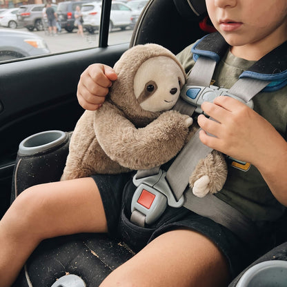 A child in a car seat holding a plush sloth toy, with the child wearing a green shirt and black shorts. The car interior and parked cars are visible in the background.